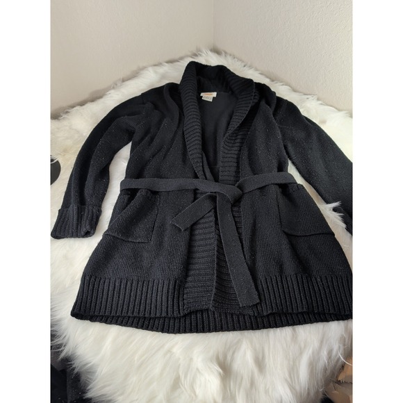 Talbots Vintage Woman's Open Front Cardigan Pockets Belted Black - Picture 3 of 4